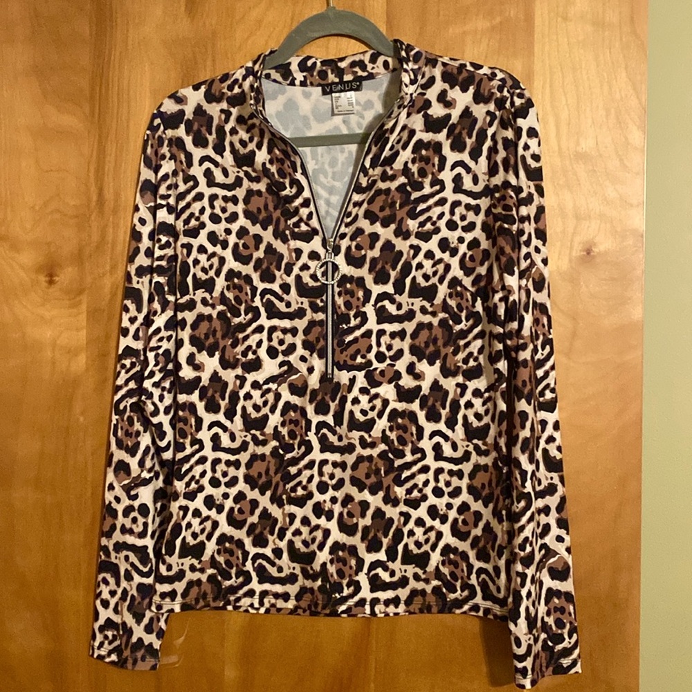 Leopard 1/4 zip with rhinestone zipper pull